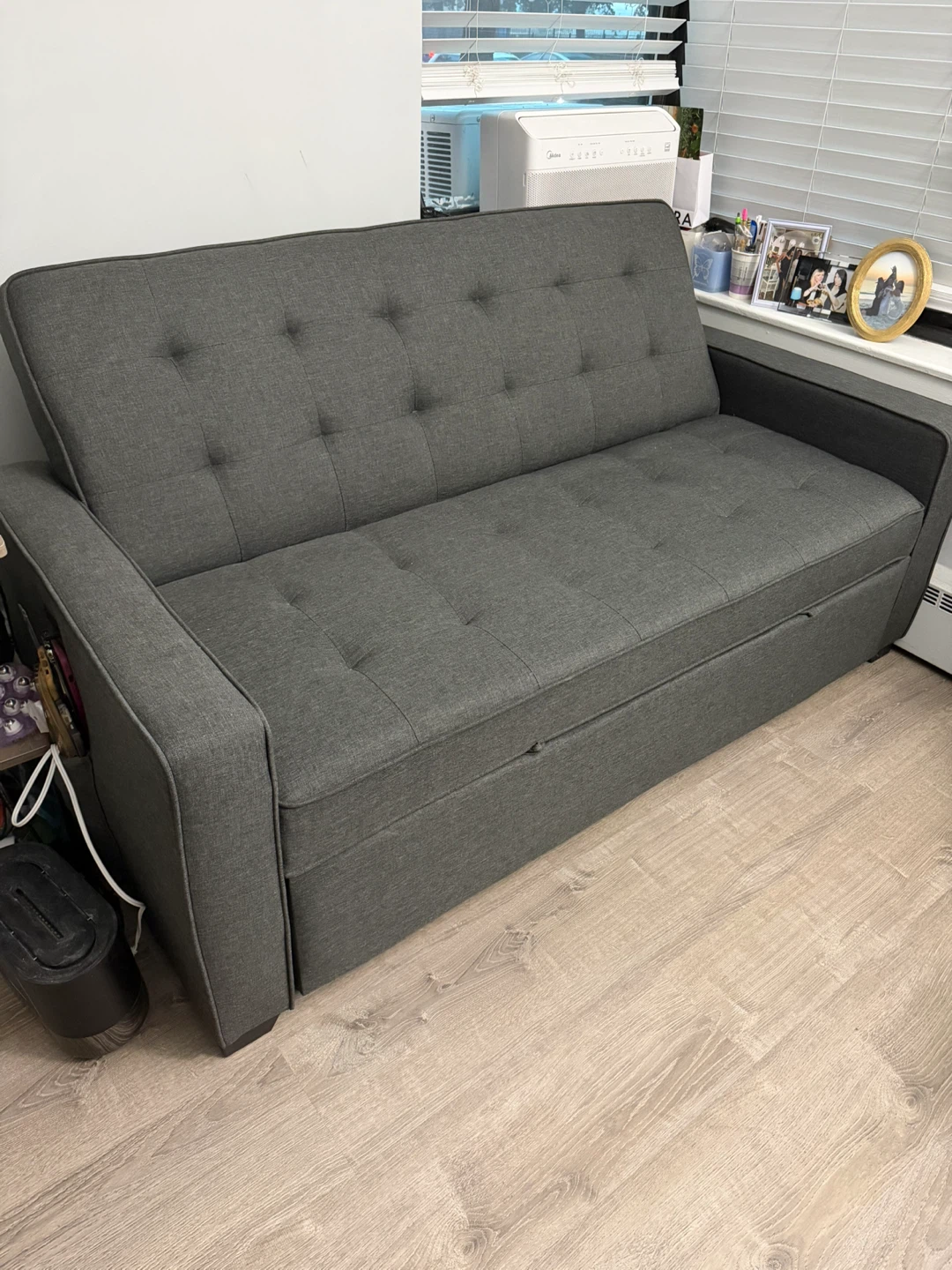 Gray Tufted Sofa Bed with Pull-Out Ottoman - photo 2