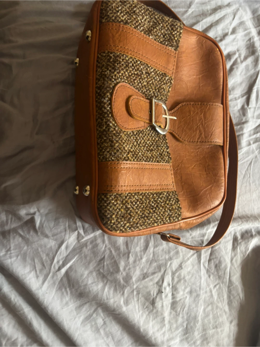 Vintage Brown Tweed & Faux Leather Shoulder Bag