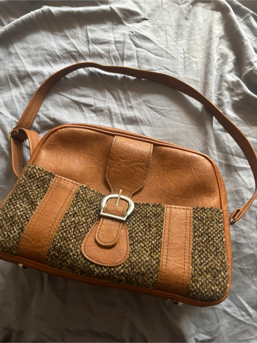 Vintage Brown Tweed & Faux Leather Shoulder Bag - photo 2