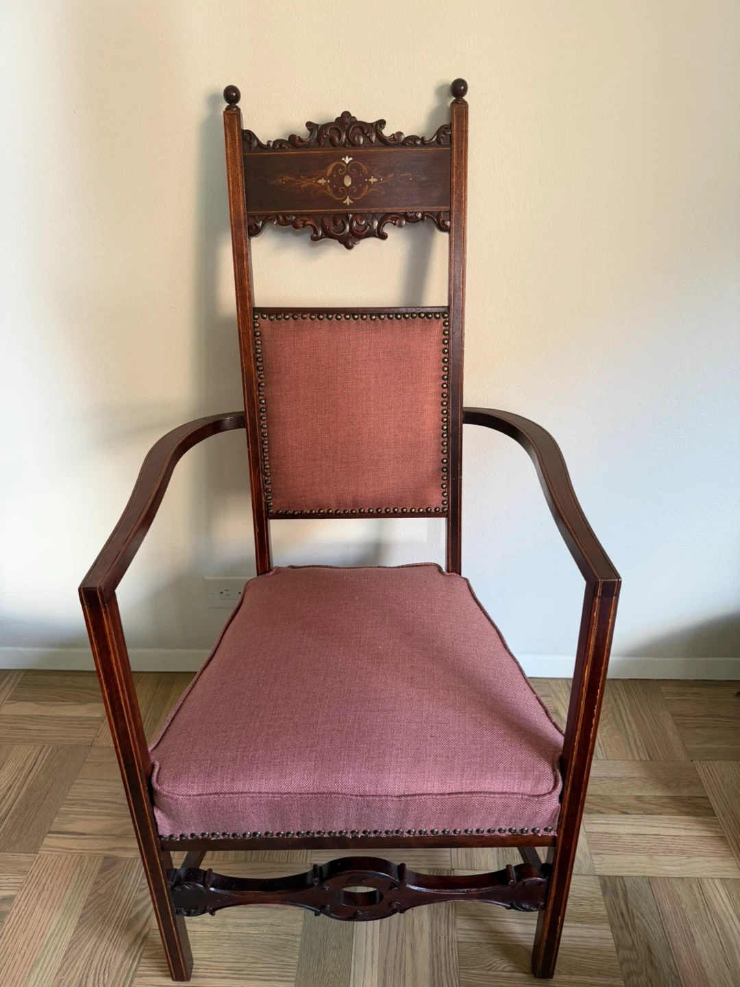 Antique Armchair with mother of pearl Inlay and Pink Upholstery