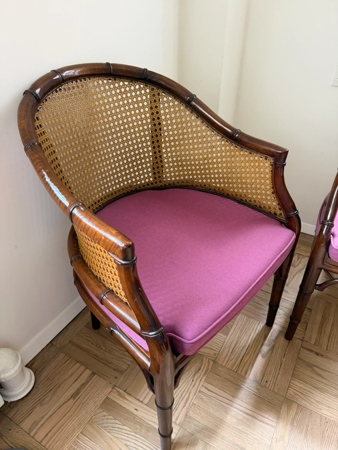 Two Bamboo Cane Arm Chairs with Fuscia Cushions (Set of 2)
