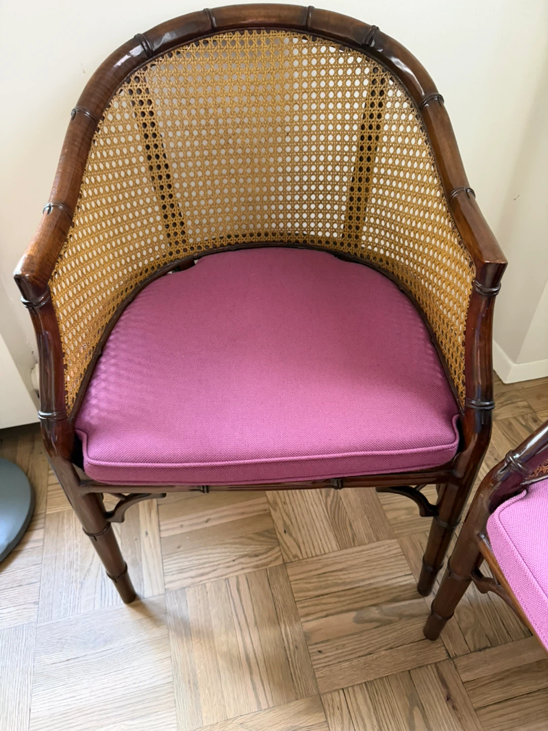 Two Bamboo Cane Arm Chairs with Fuscia Cushions (Set of 2) - photo 2