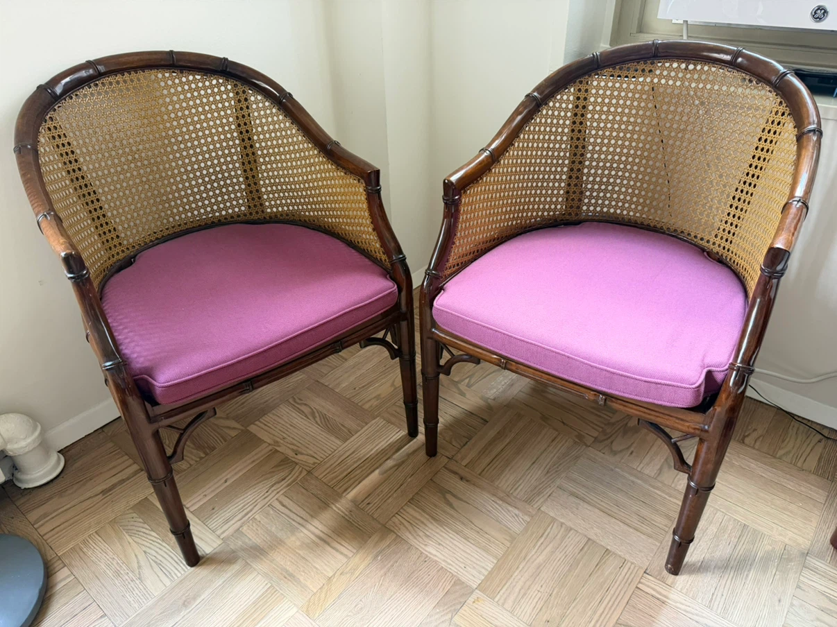 Two Bamboo Cane Arm Chairs with Fuscia Cushions (Set of 2) - photo 3