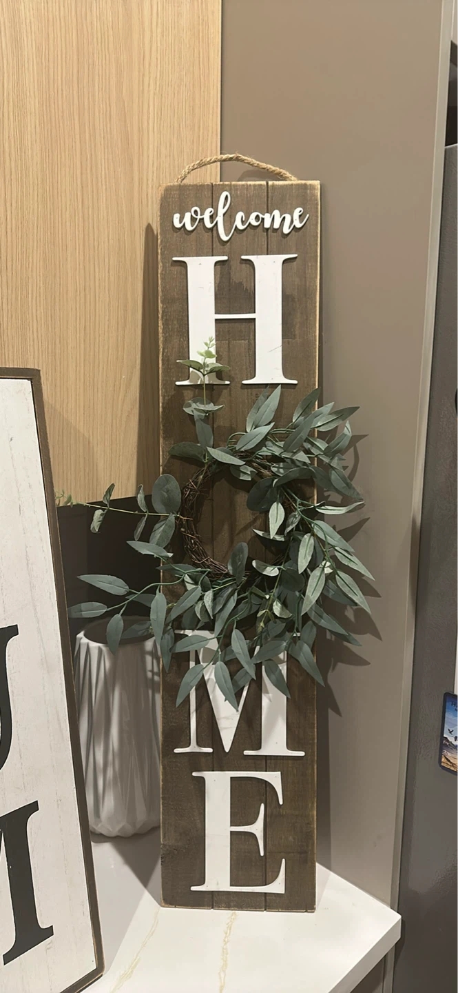 Welcome Home Vertical Wood Sign with Eucalyptus Wreath