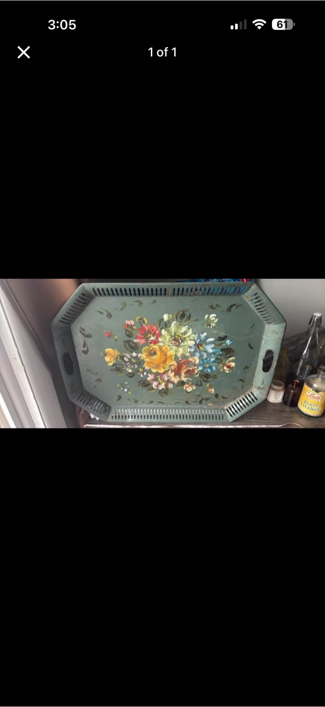 Large metal tray hand painted flower motif