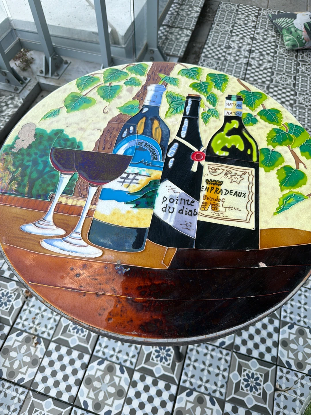 Round Bistro Table with Wine Bottle & Glass Ceramic Top