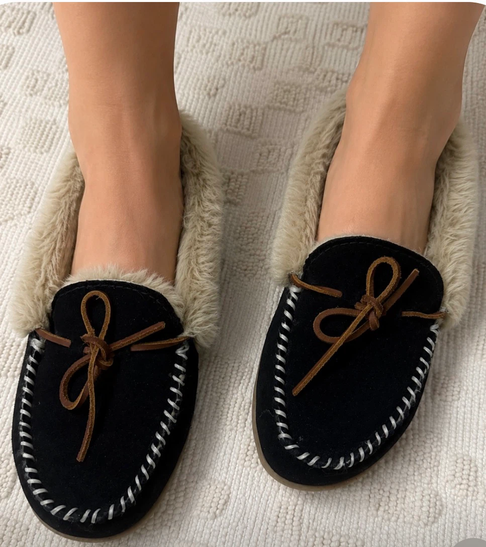SoftMoc Black Suede Moccasins with Fur Lining