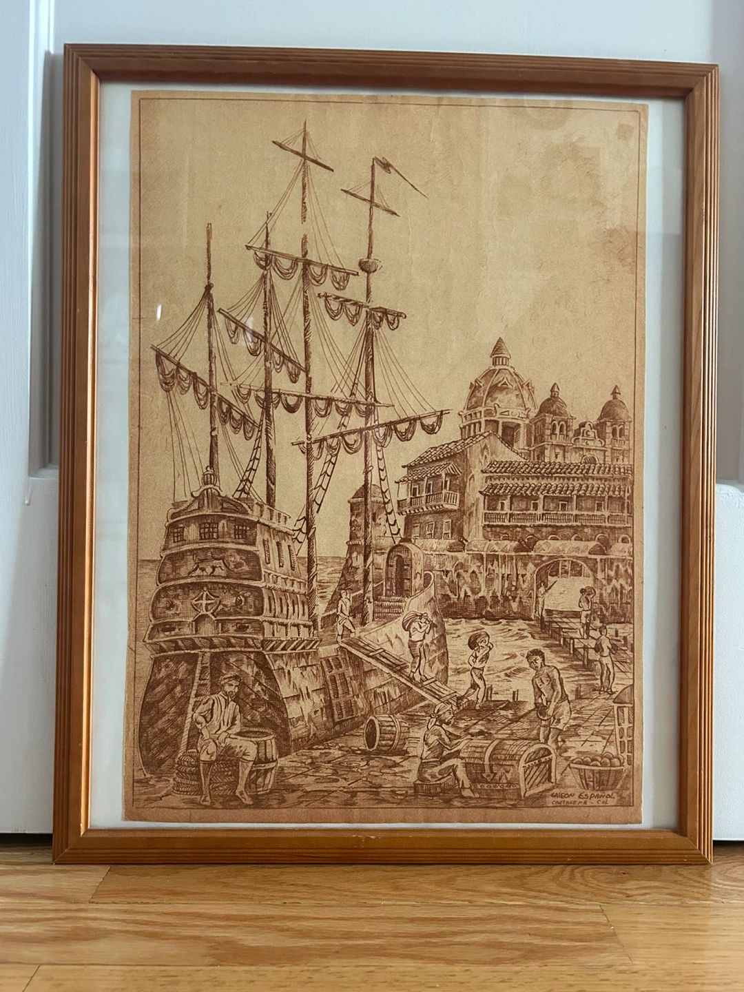 Framed Etching Print of Colonial Port Scene with Tall Ship