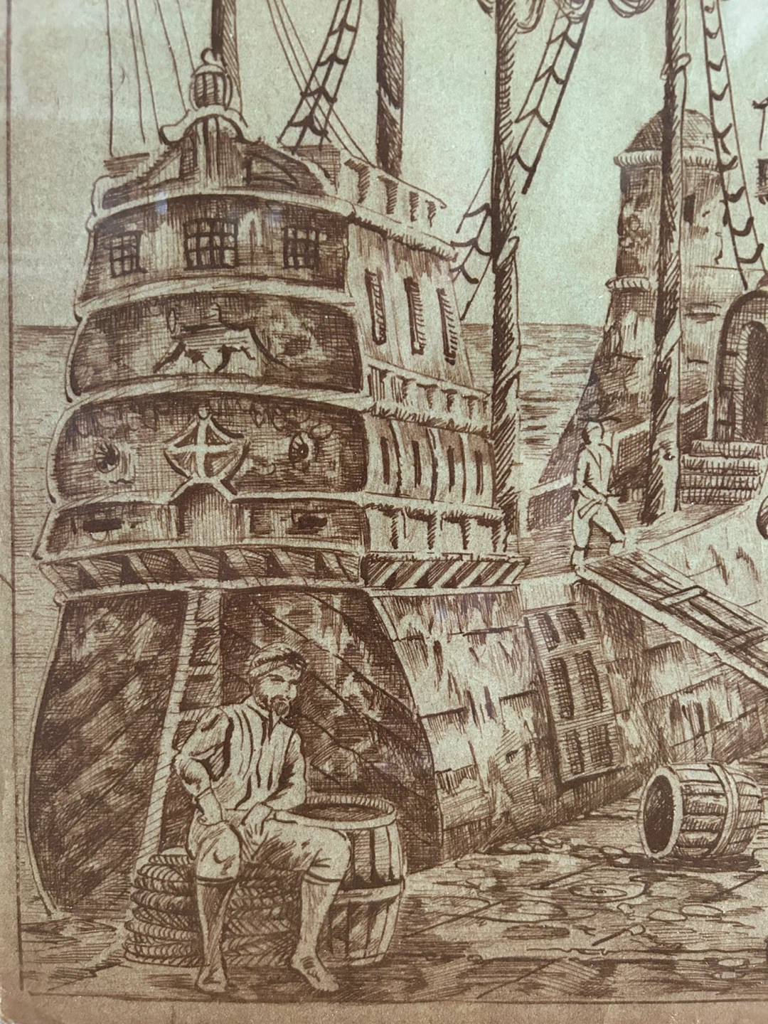 Framed Etching Print of Colonial Port Scene with Tall Ship - photo 2