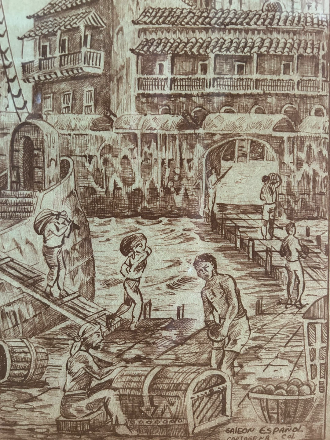 Framed Etching Print of Colonial Port Scene with Tall Ship - photo 3