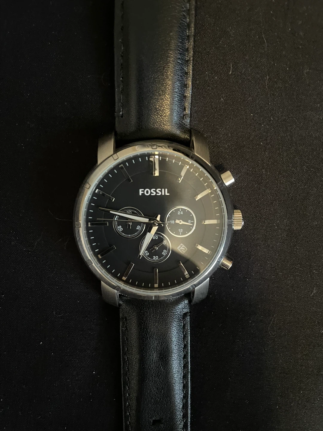 Fossil Chronograph Watch with Black Leather Strap