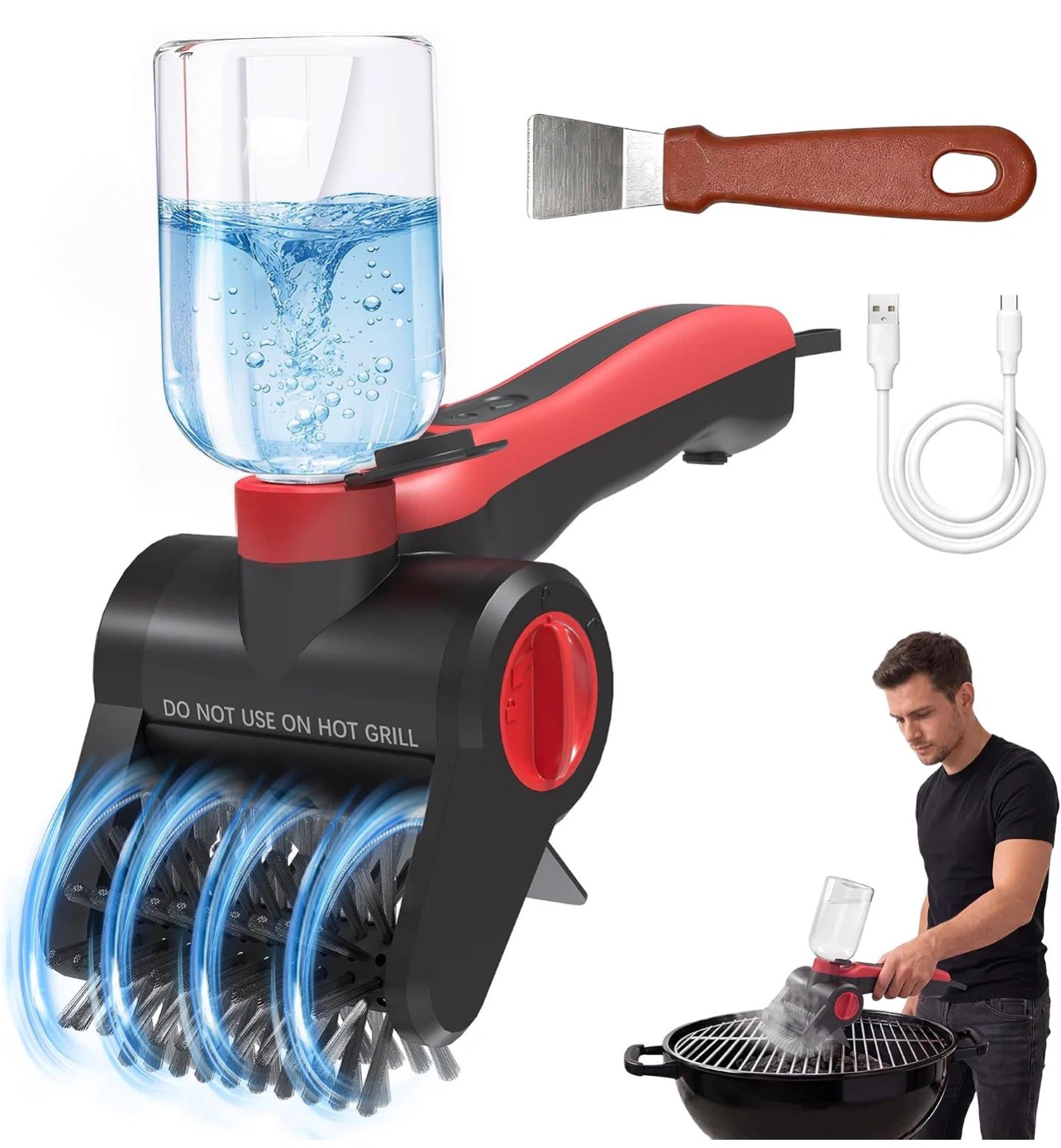 Electric Grill Brush with Water Spray & Scraper