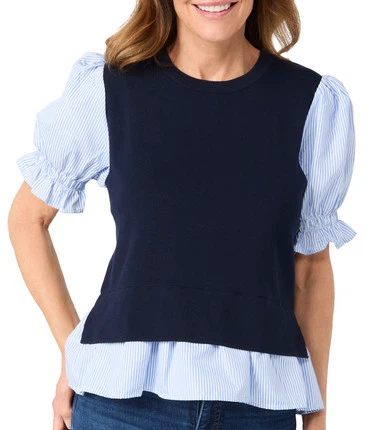Nanette Lepore Womens Short Sleeve Stripe 2Fer Top