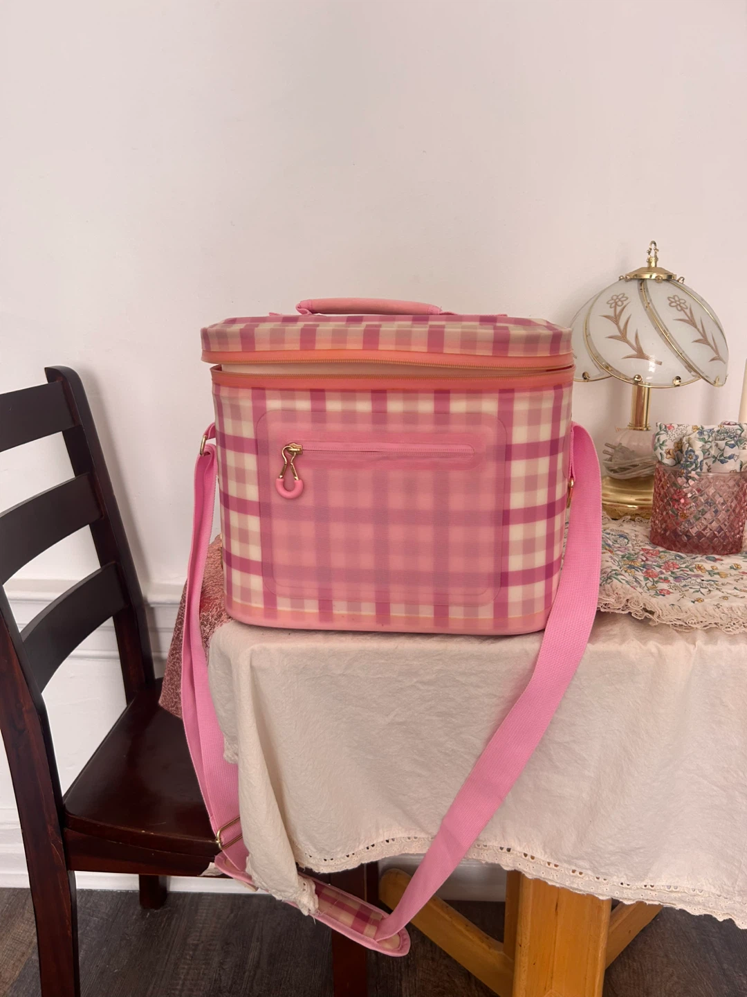Pink gingham beach cooler