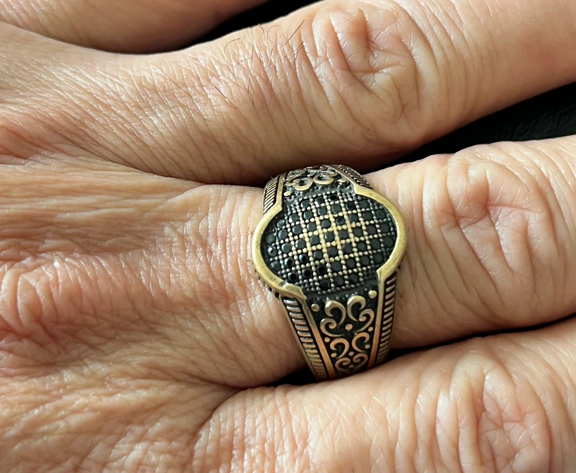 Men's Ornate Turikish Ring with Black Stones