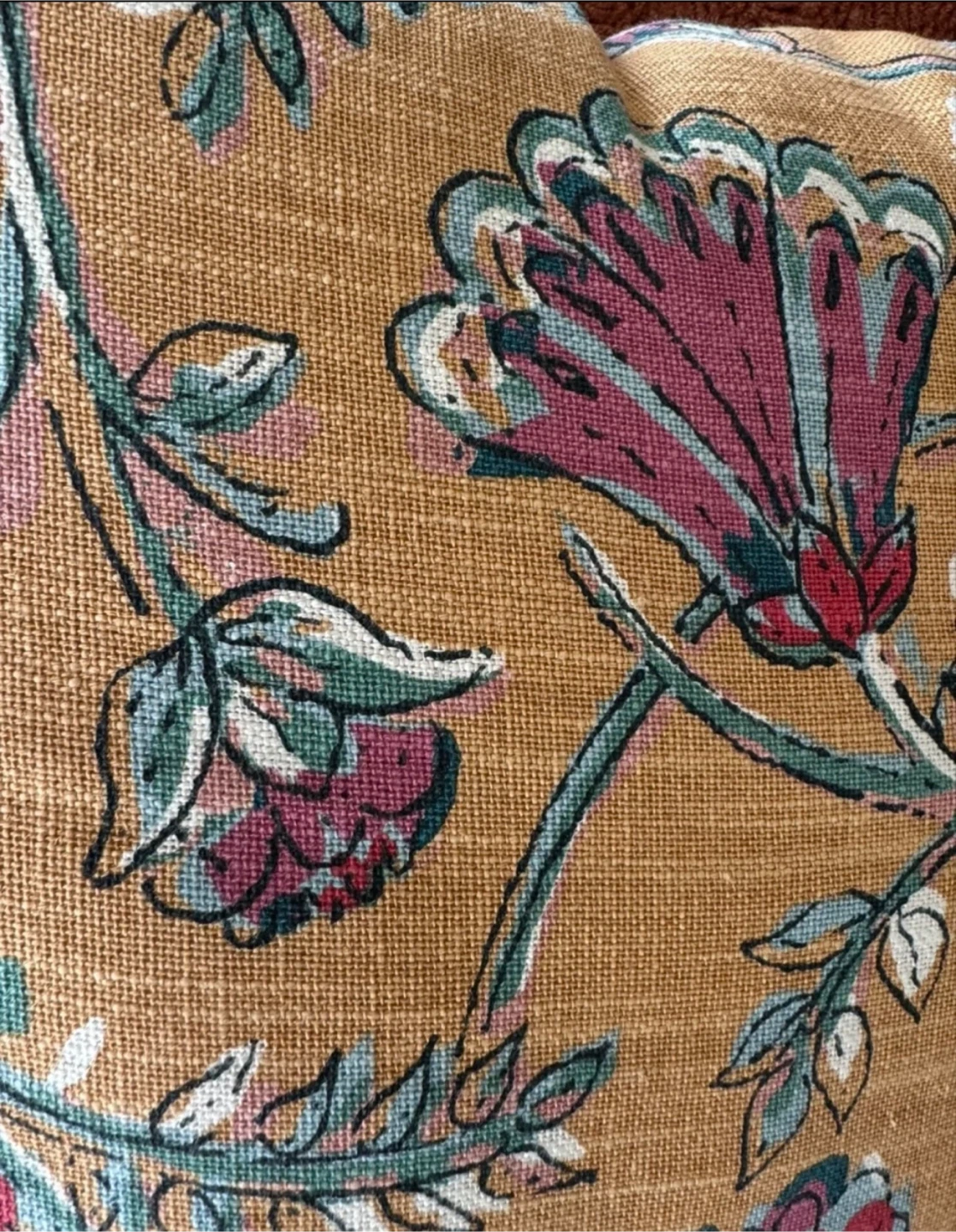 Floral Throw Pillow - Mustard Yellow & Burgundy - photo 2