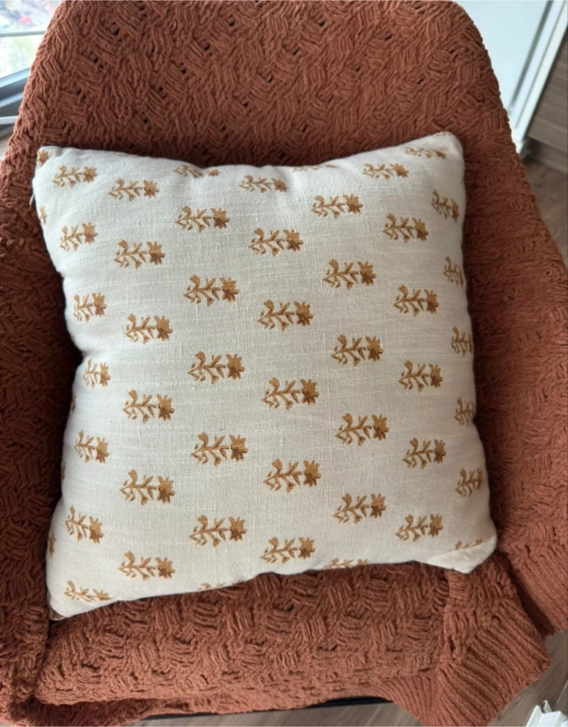 Floral Throw Pillow - Mustard Yellow & Burgundy - photo 3