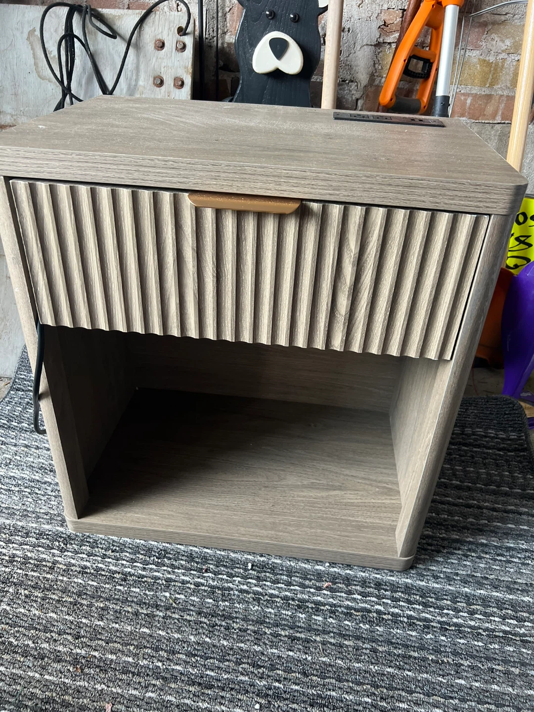 Modern Wood Grain Nightstand with Drawer and Outlet