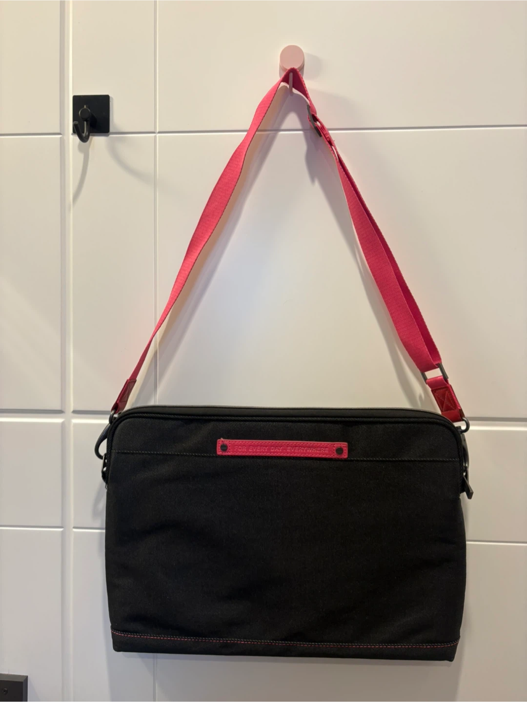 Black Crossbody Computer Bag with Pink Strap