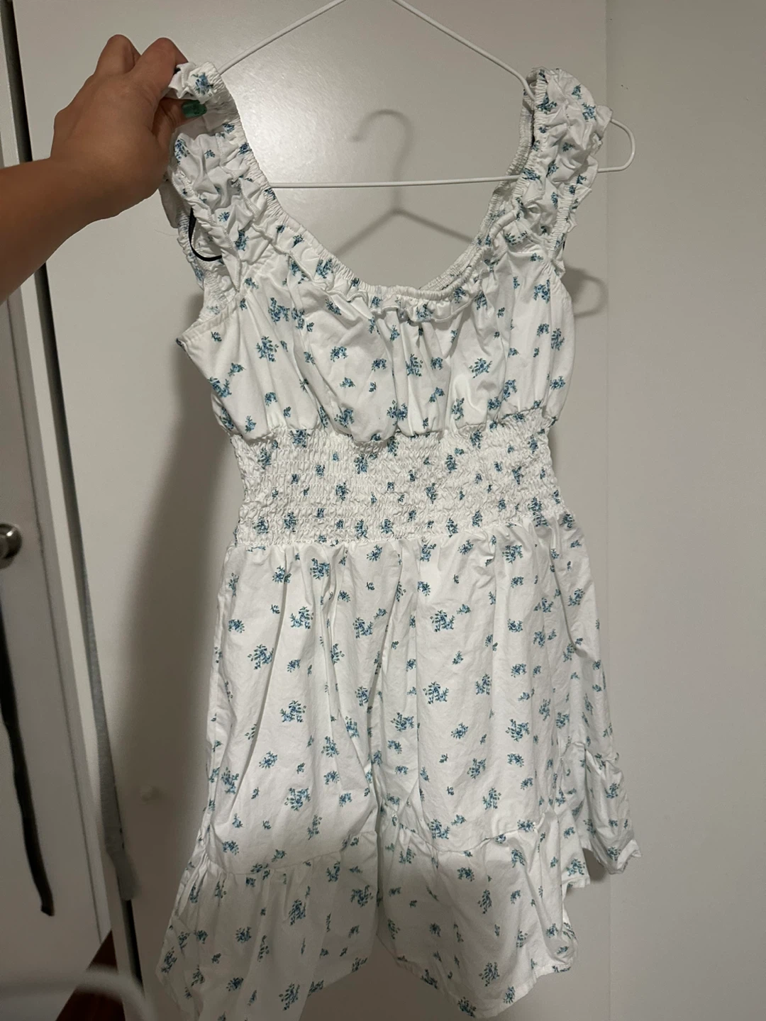 White Smocked Dress with Blue Floral Print