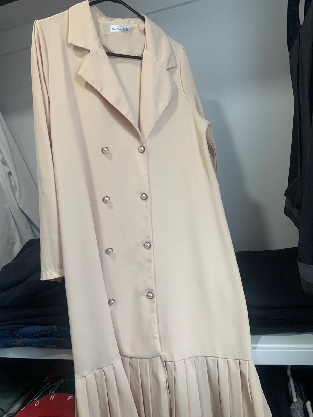 Women's Beige Blazer Dress with Pleated Skirt