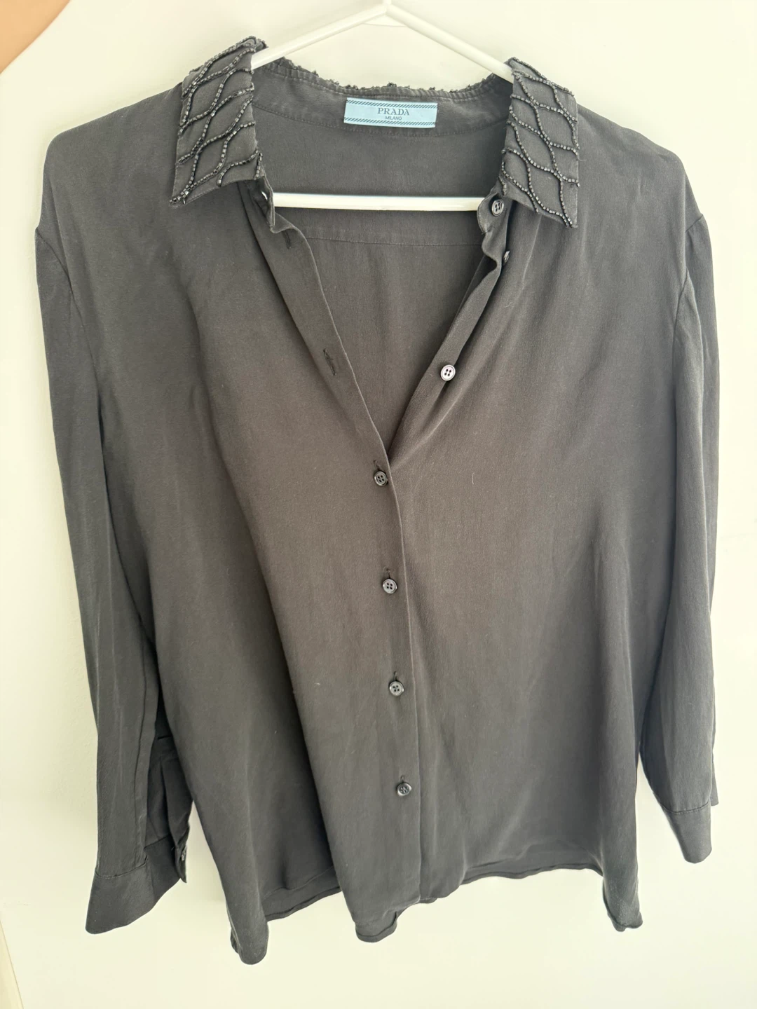 Prada Black Beaded Collar Button-Up Shirt silk