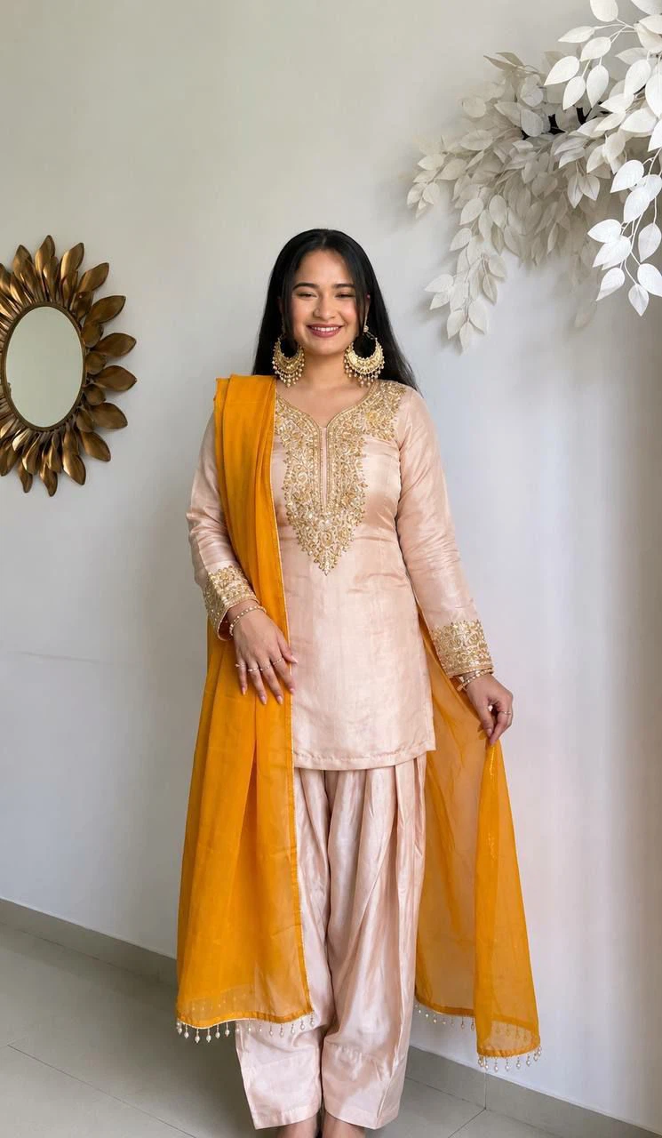 Light Pink Embroidered Punjabi Suit with Orange Dupatta - photo 2