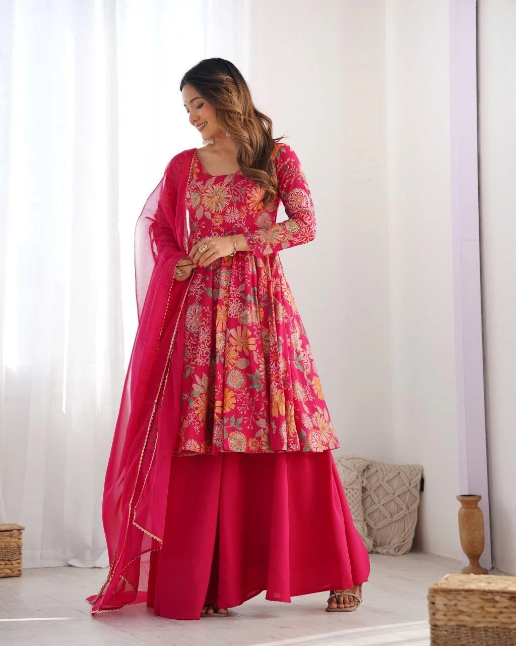 Pink Floral Print Anarkali Kurta Set with Dupatta