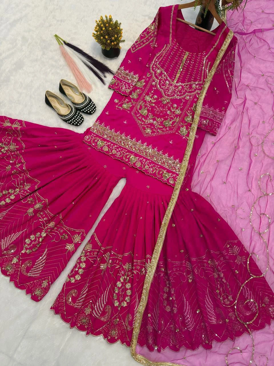 Pink Embroidered Sharara Suit with Dupatta - photo 2