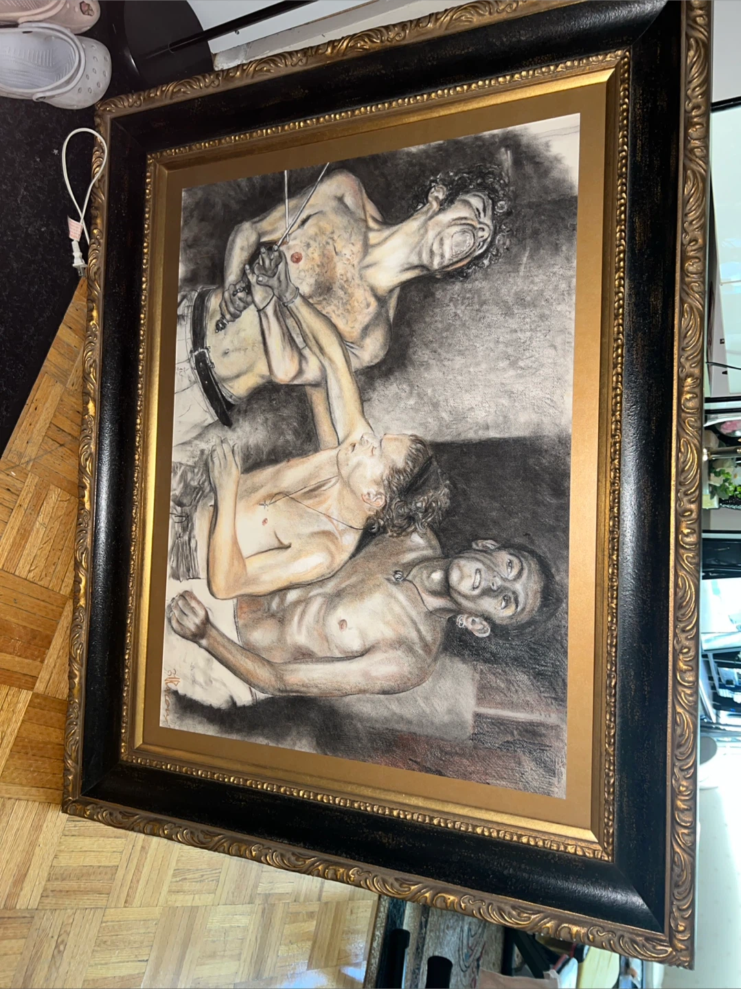Framed Charcoal Drawing of Three Figures