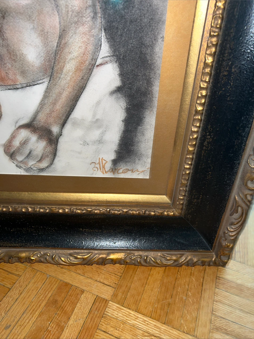 Framed Charcoal Drawing of Three Figures - photo 2