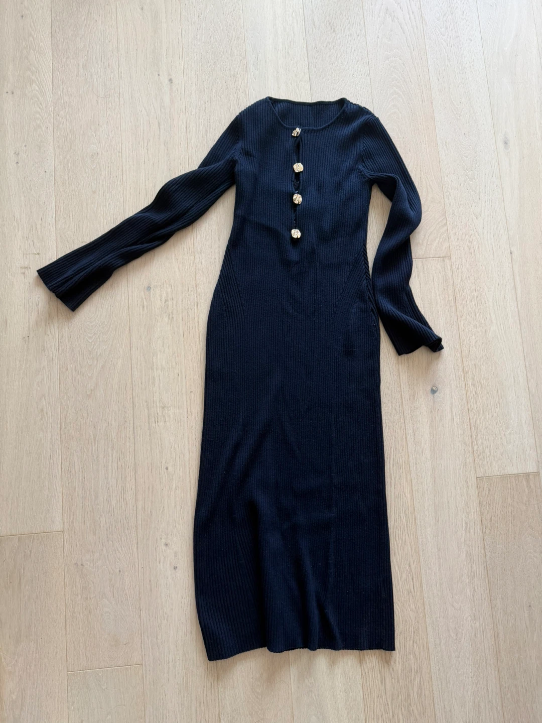 Ribbed Midi Dress with Gold Buttons