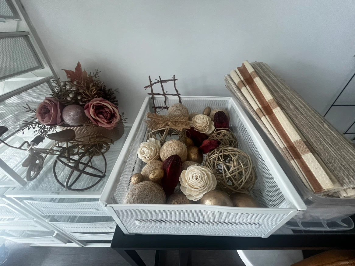 Assorted Decorative Balls and Floral Arrangement