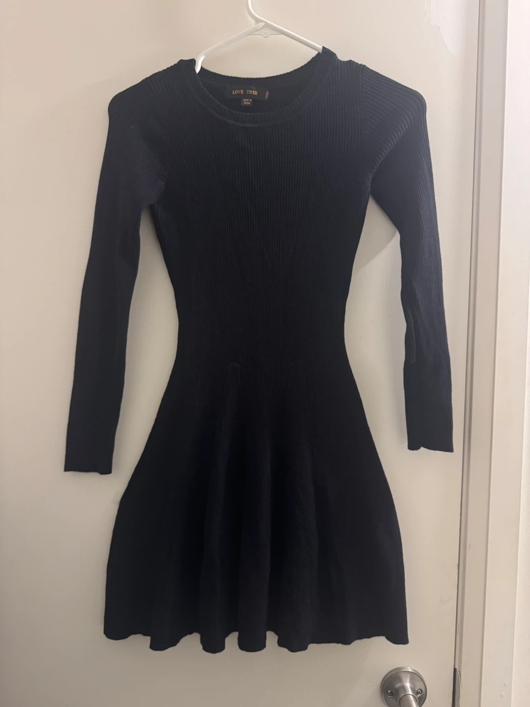 Black Ribbed Long Sleeve Fit and Flare Dress