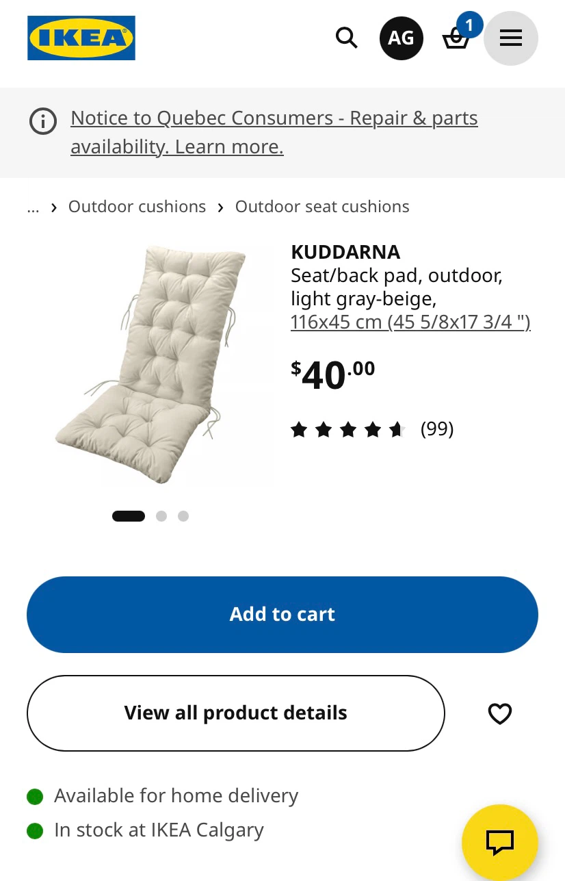 IKEA KUDDARNA Outdoor Seat/Back Pad - Light Gray-Beige