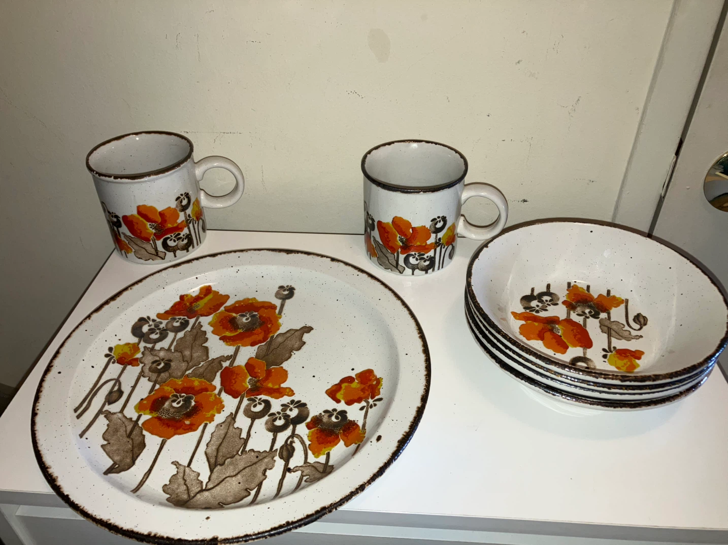 Vintage Poppy Floral Dinnerware Set - 2 Mugs, 2 Bowls, 1 Plate