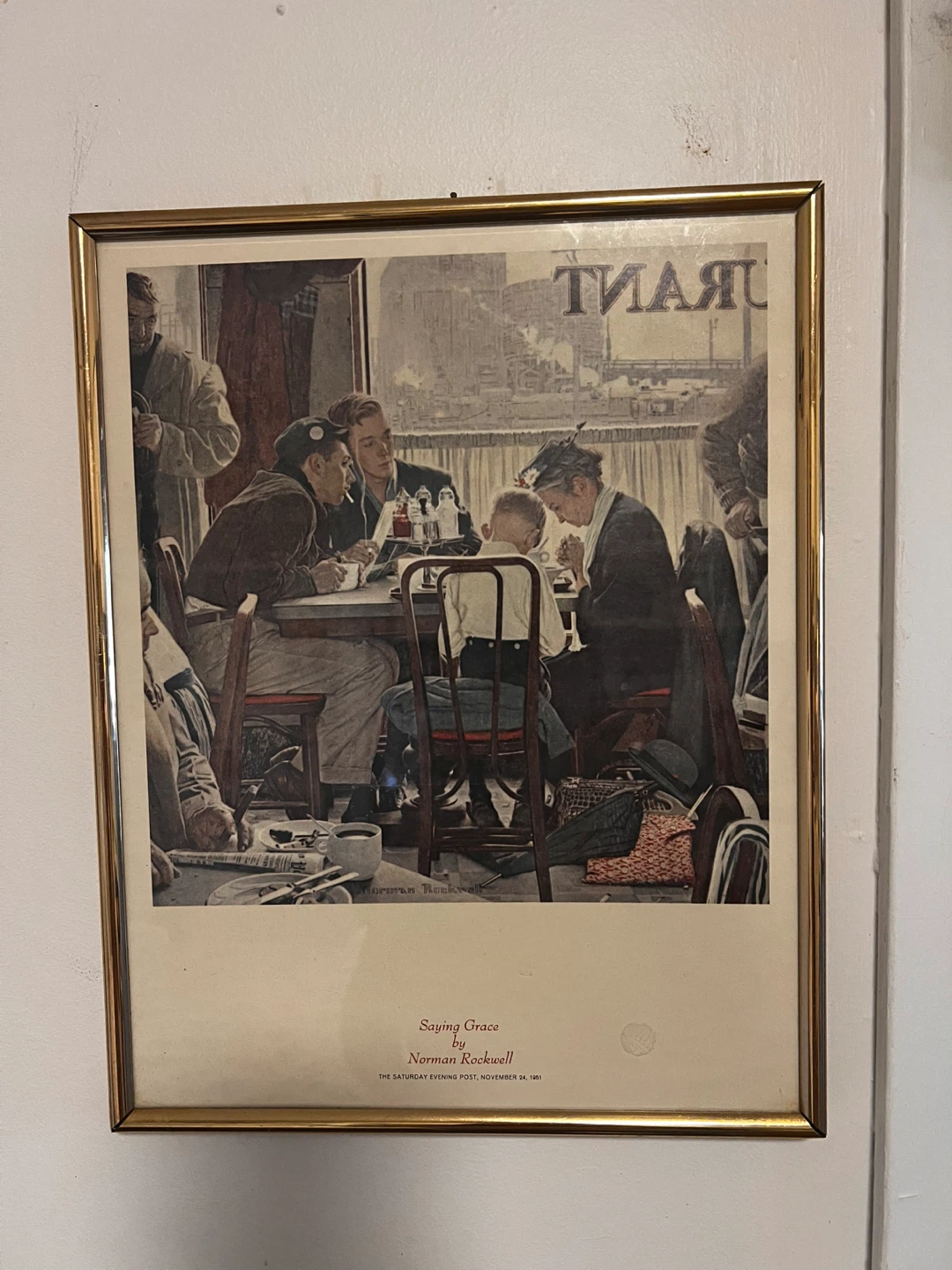 Vintage Framed Norman Rockwell Saying Grace Print  Wall Art