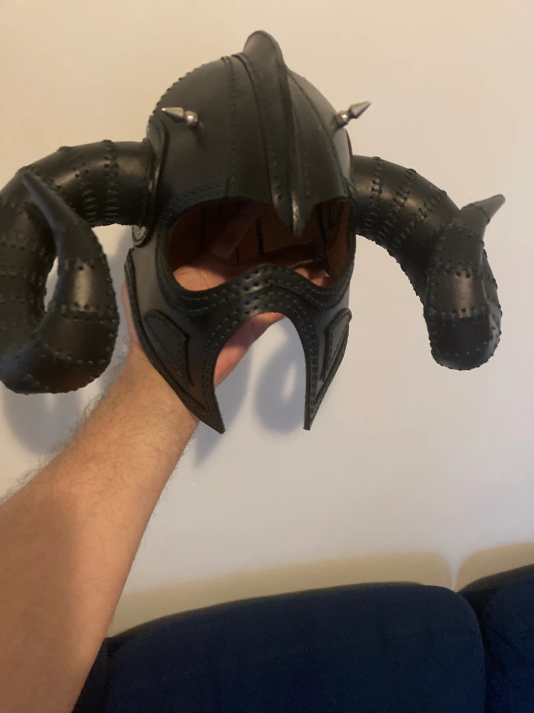 Black Leather Horned Helmet Costume Prop - photo 2