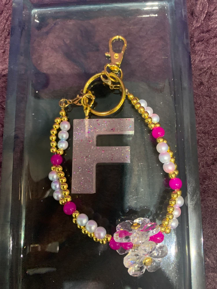 Resin Letter F Keychain with Beads and Flower Charm