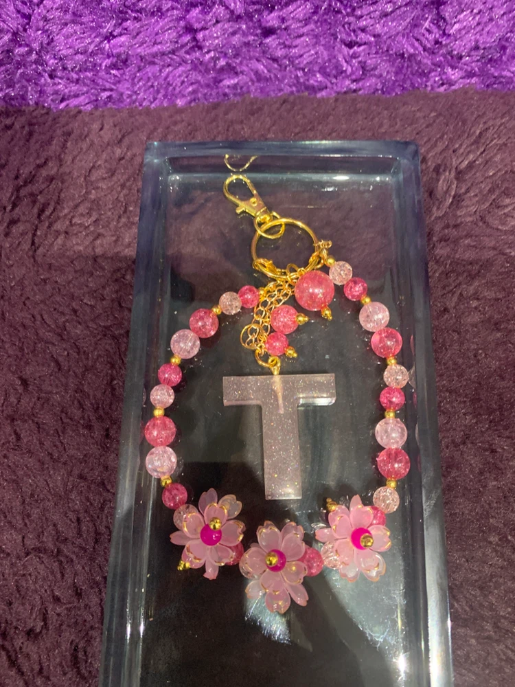 Pink Beaded "T" Keychain with Flowers