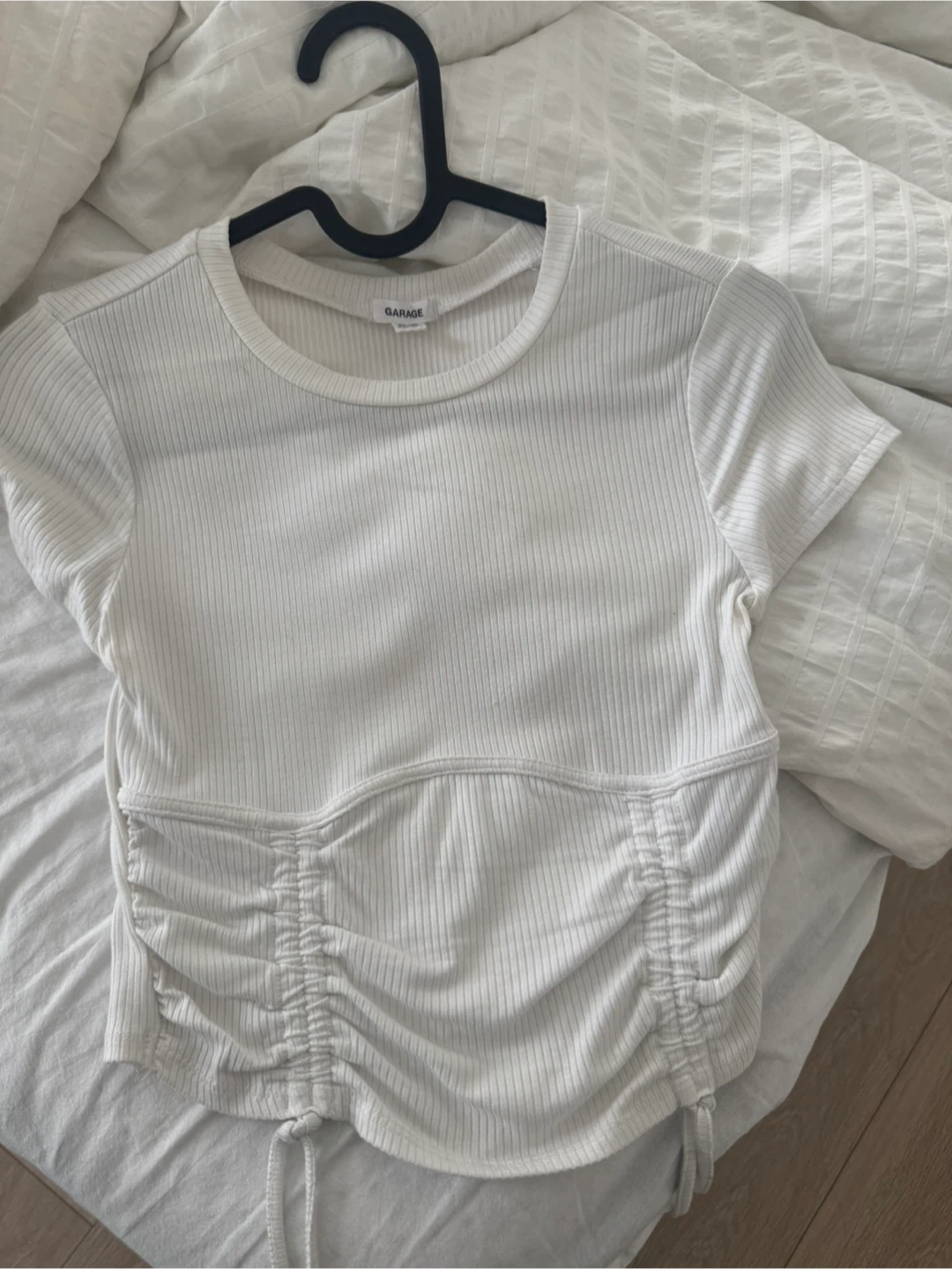Garage White Ribbed Ruched T-Shirt