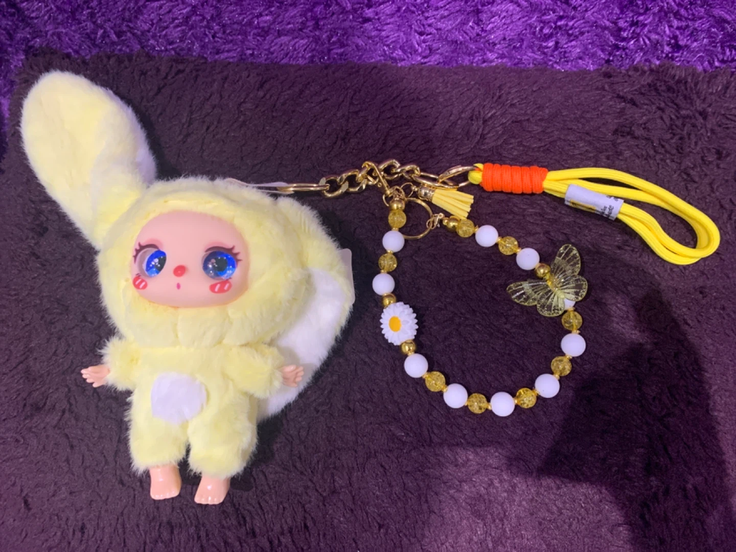Yellow Plush Doll Keychain with Beaded Bracelet