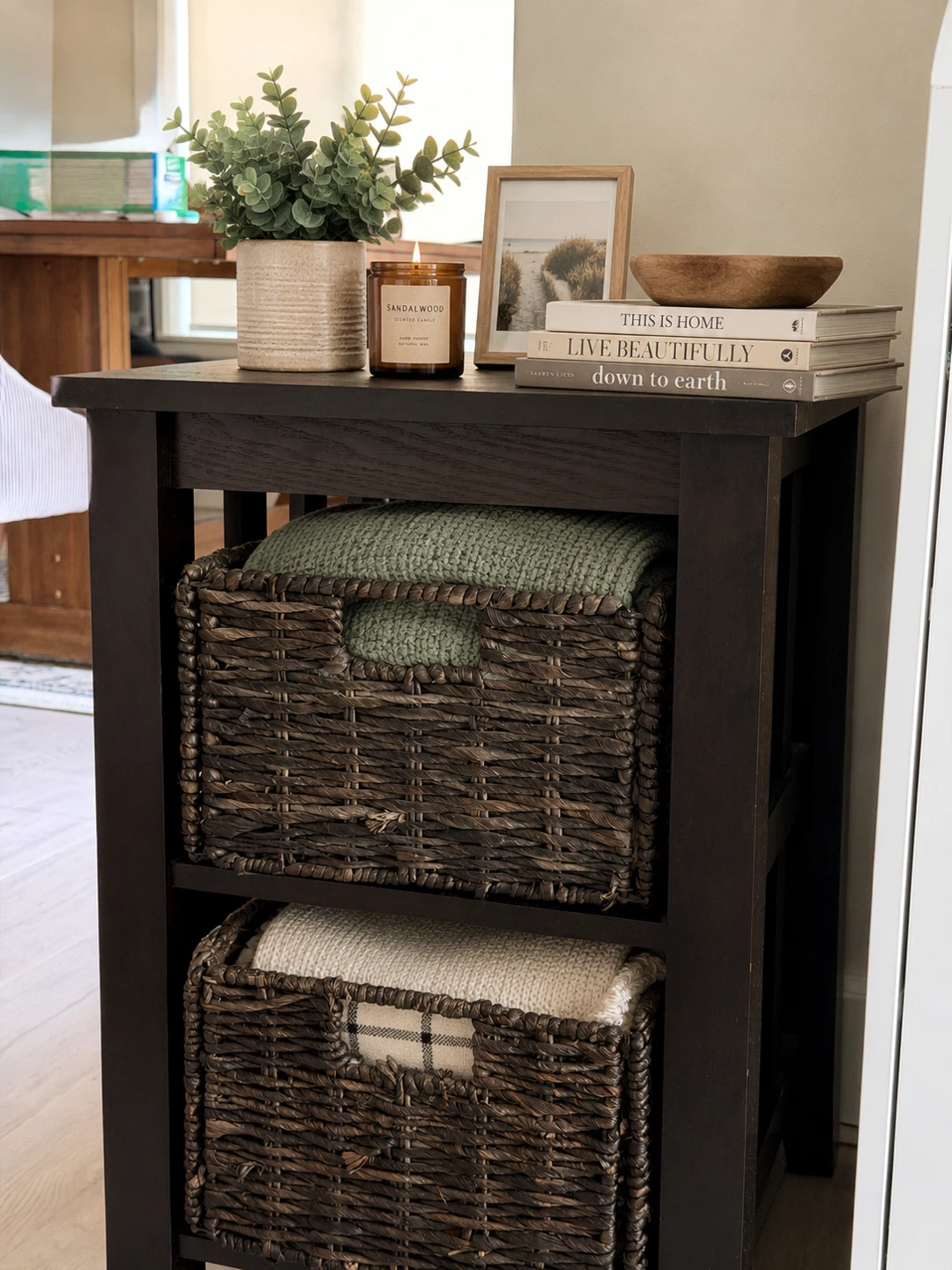Dark Brown Storage Unit with Wicker Baskets