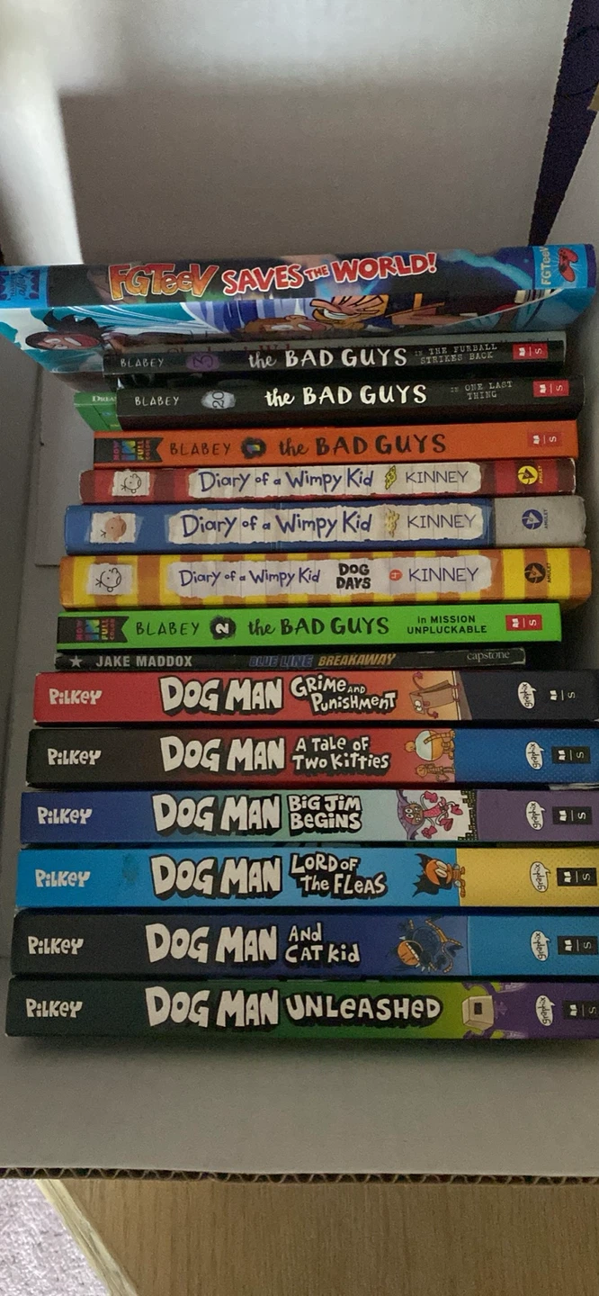 Collection of Dog Man, Bad Guys, and Wimpy Kid Books