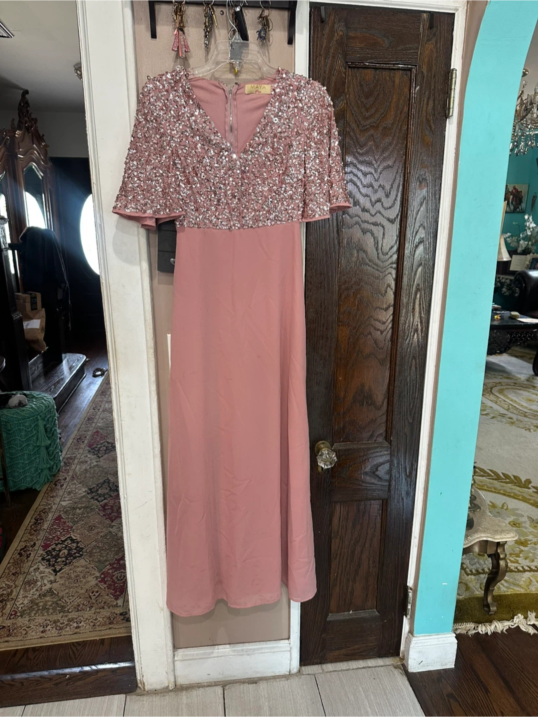 Maya Dusty Rose Sequin Capelet Maxi Dress
