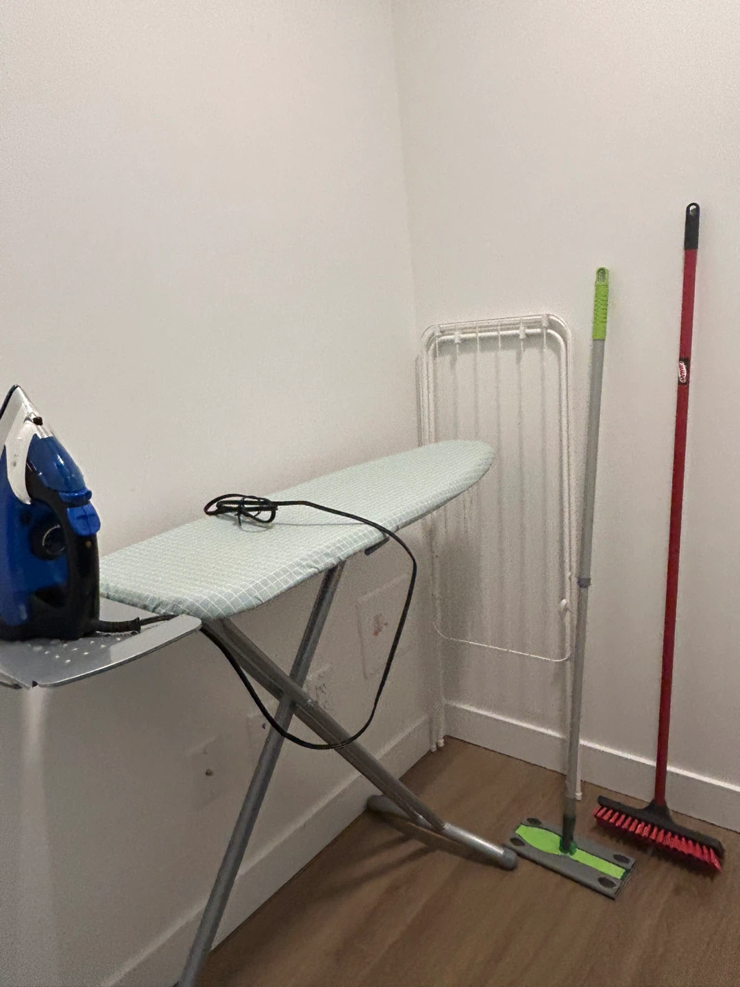 Conair Iron, ironing board, mop, scrub brush, and drying rack