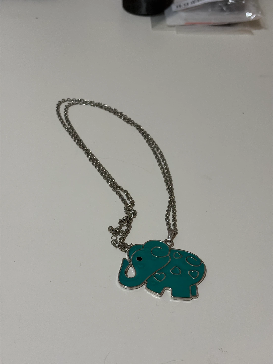 Teal Elephant Pendant Necklace with Hearts