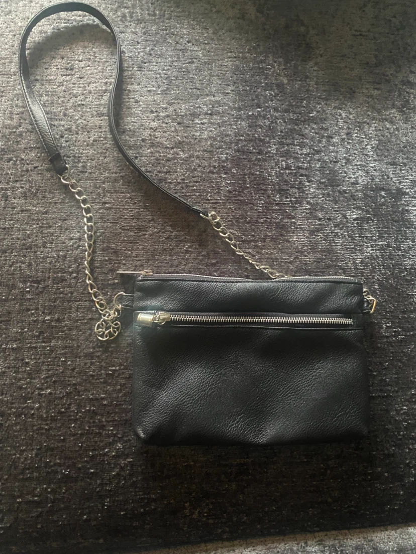 Black Faux Leather Clutch/Crossbody Bag with Chain Strap