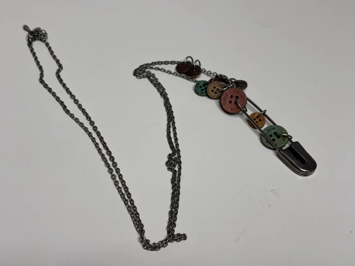 Safety Pin Button Charm Necklace