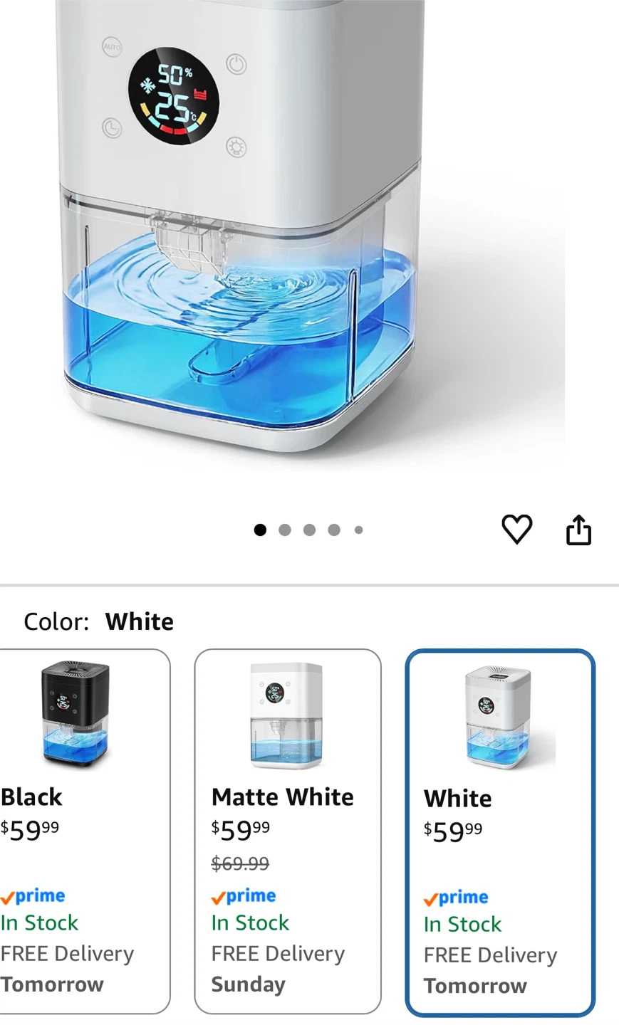 Compact 63oz Quiet Dehumidifier with Auto Shut-Off & Night Light